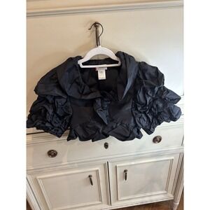 Takada 100% Silk Black Cropped Ruffle Sleeve Evening Shawl Made In France 44/Med